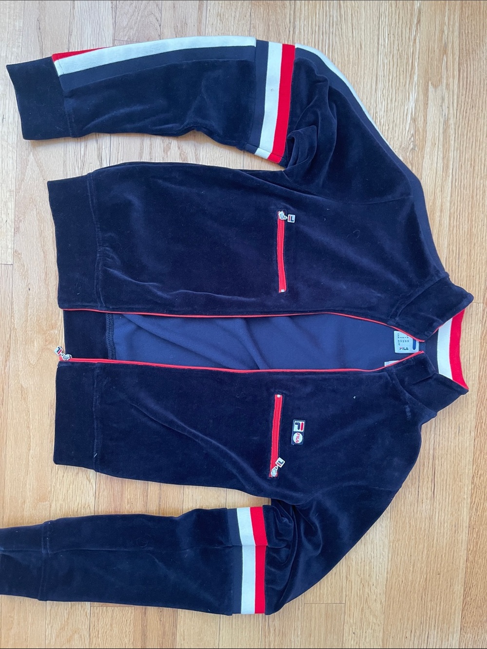 Fila Navy Velour Jacket with Red and White Stripes
